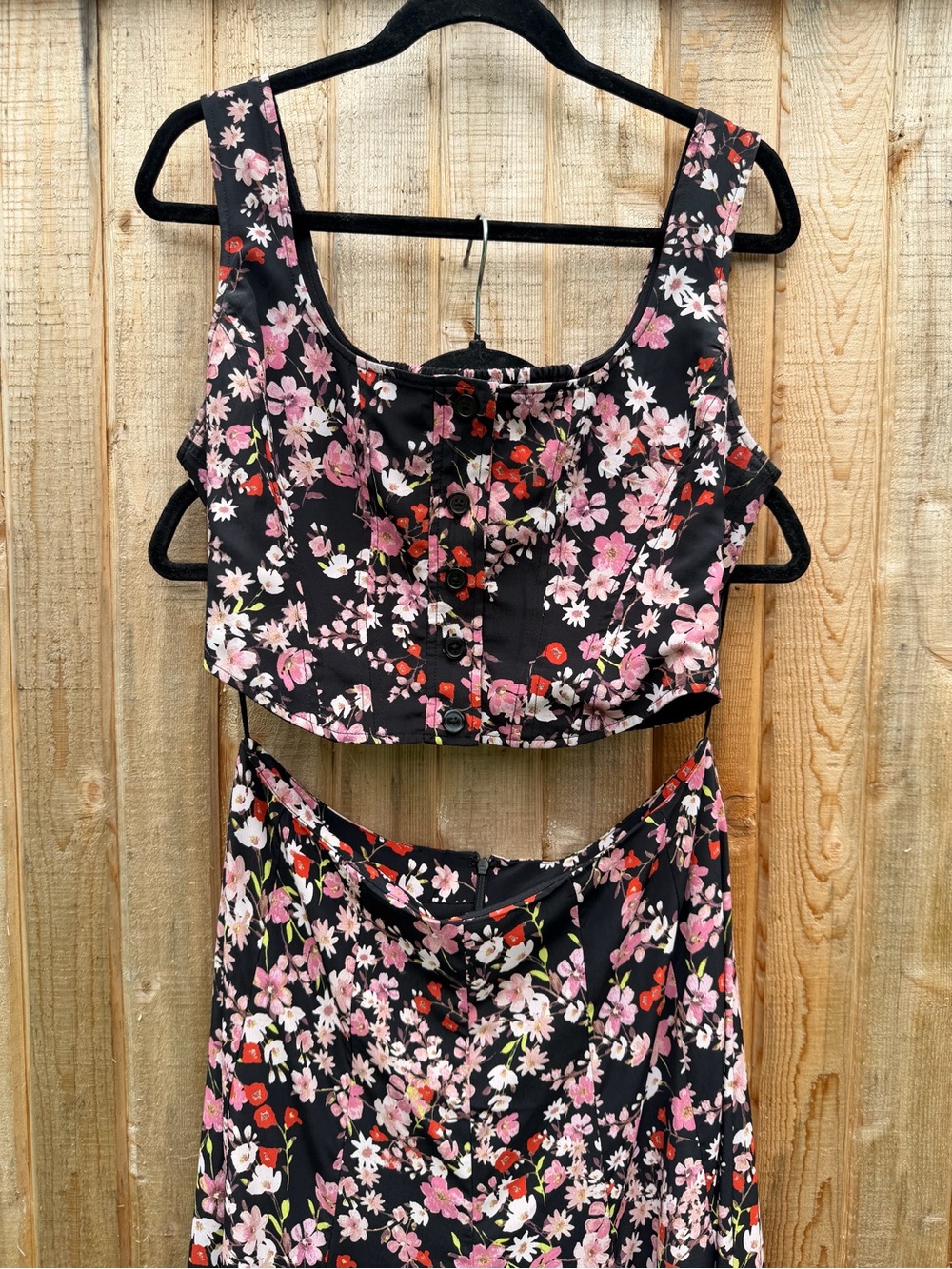 Wayf Black Floral Two-Piece Maxi Dress with Pink and Red Accents - Picture 2 of 10